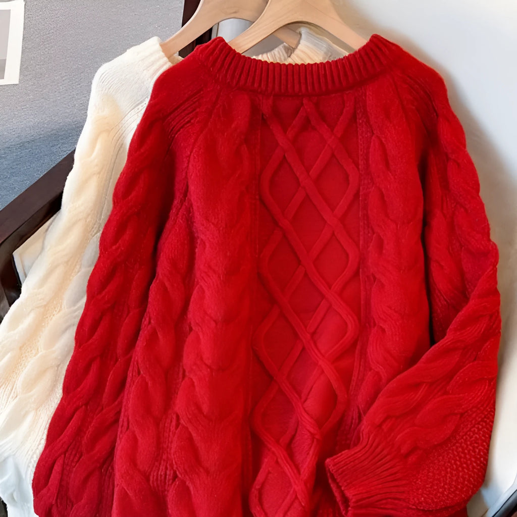 Japanese loose casual women's knitted sweater in red or beige, sizes S M L XL