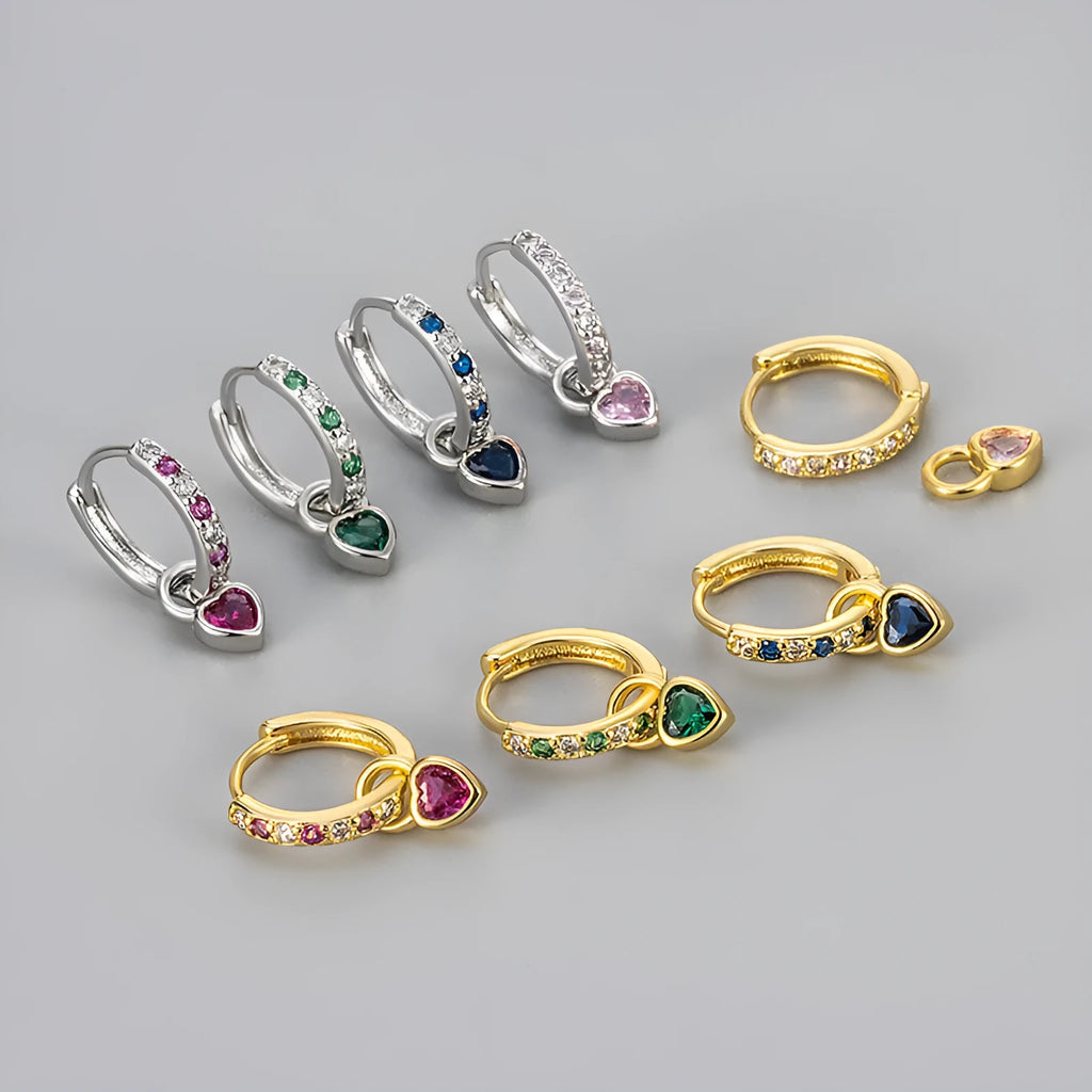 Women's heart-shaped drop earrings with colourful stone in gold or white gold tone setting