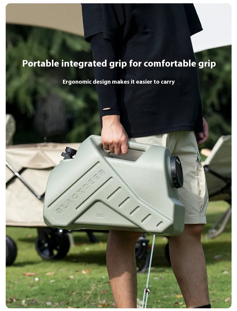 Green portable water storage tank with carry handles in backpack and snail designs