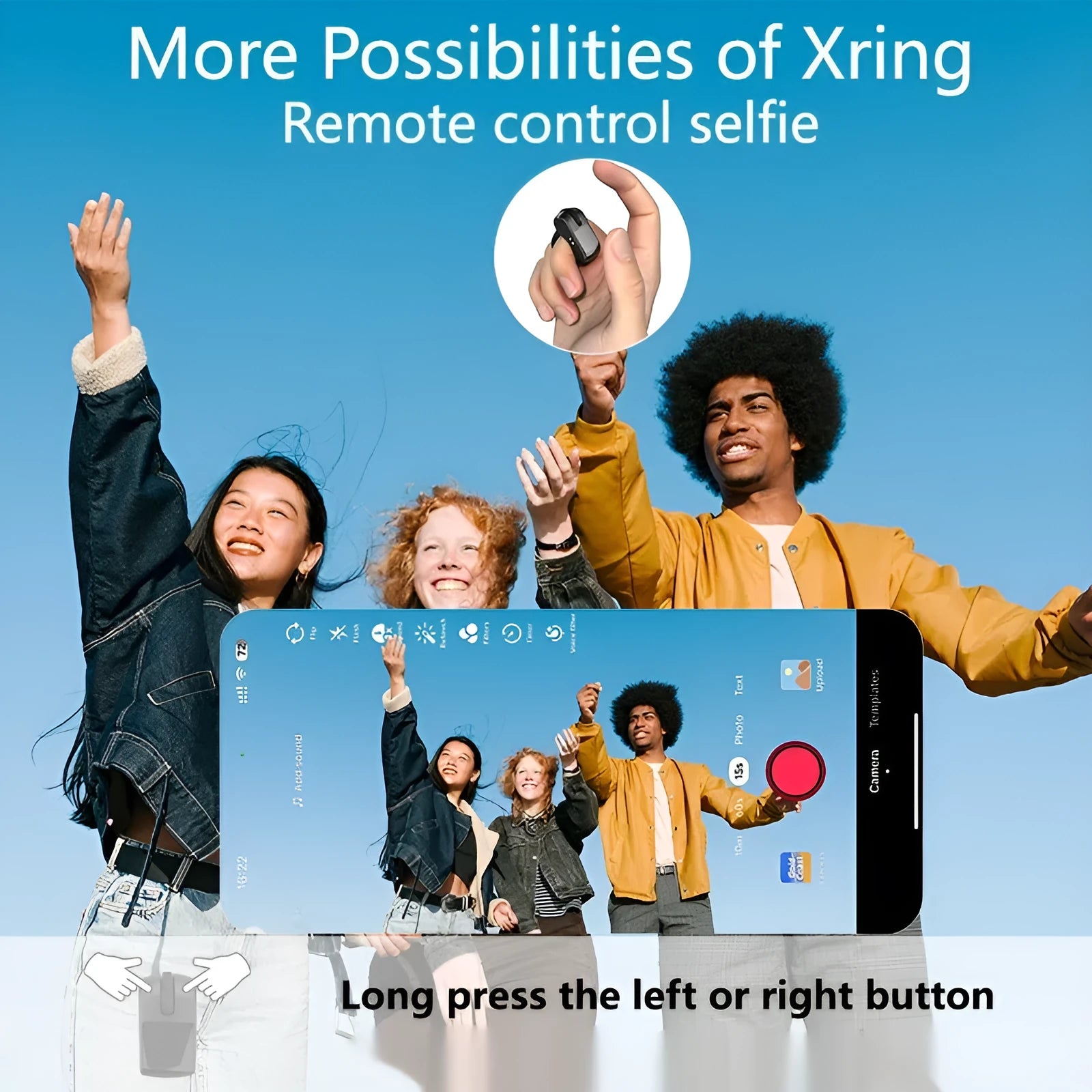 Bluetooth remote control ring in Stone Black with Type-C charging cable, on a white background