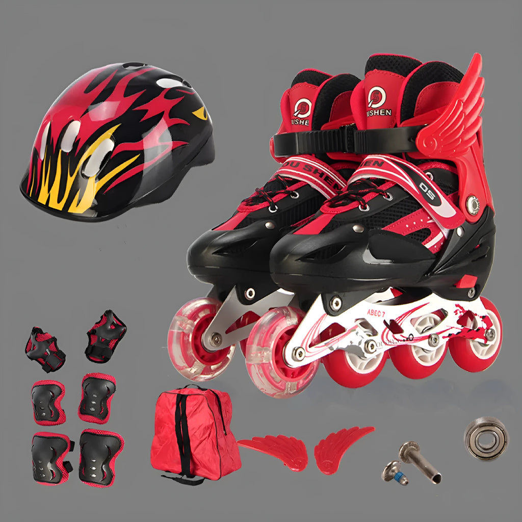 Yellow adjustable children's PU skating shoes with aluminium frame, foam wheels, helmet, protective pads, and backpack.