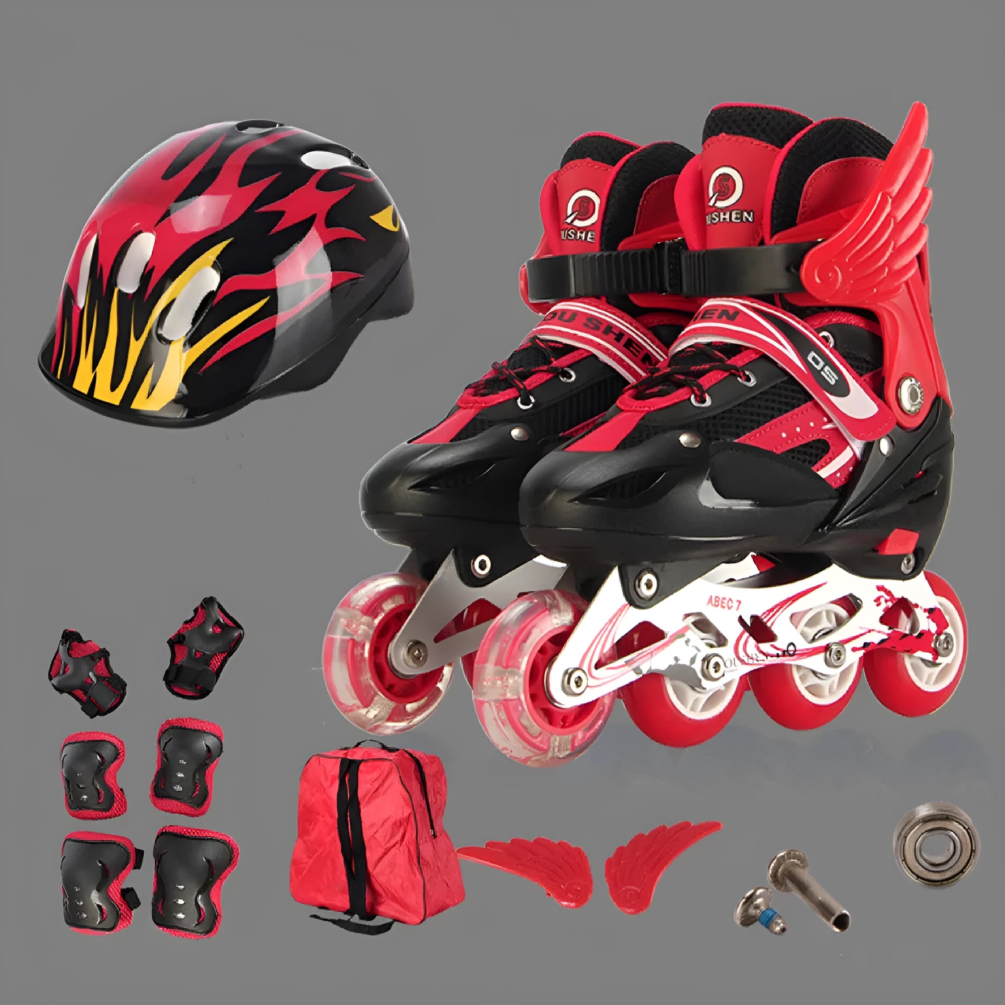 Yellow adjustable children's PU skating shoes with aluminium frame, foam wheels, helmet, protective pads, and backpack.