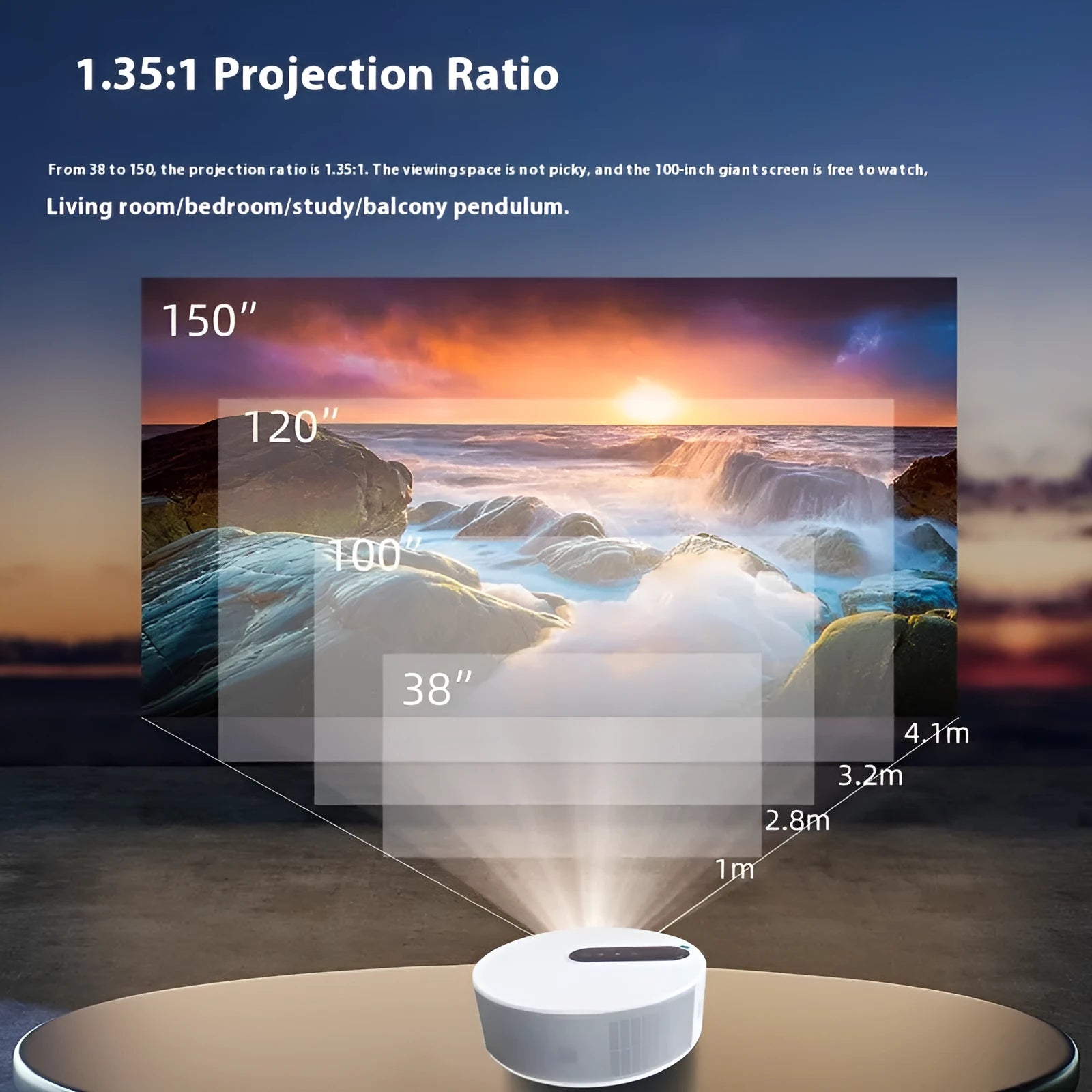 White compact 720p HD home projector with remote control on a table.