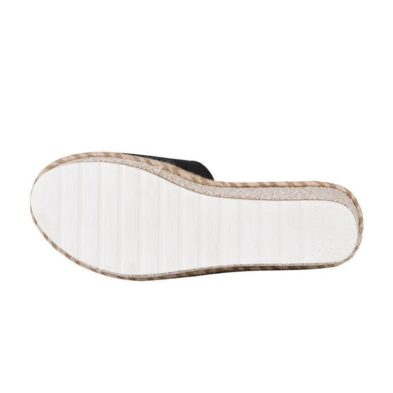 Women's wedge heel platform sandals with cloth upper and metal detail, plain style, front view