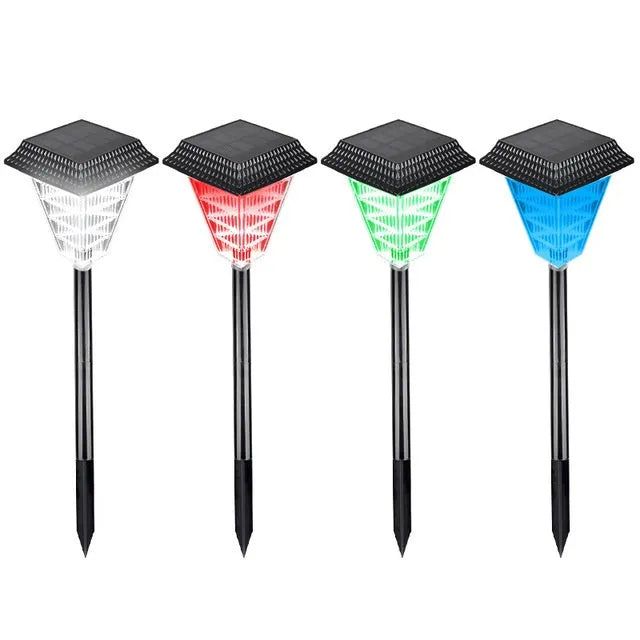 Solar garden light with LED bulbs in decorative outdoor setting showing colour options