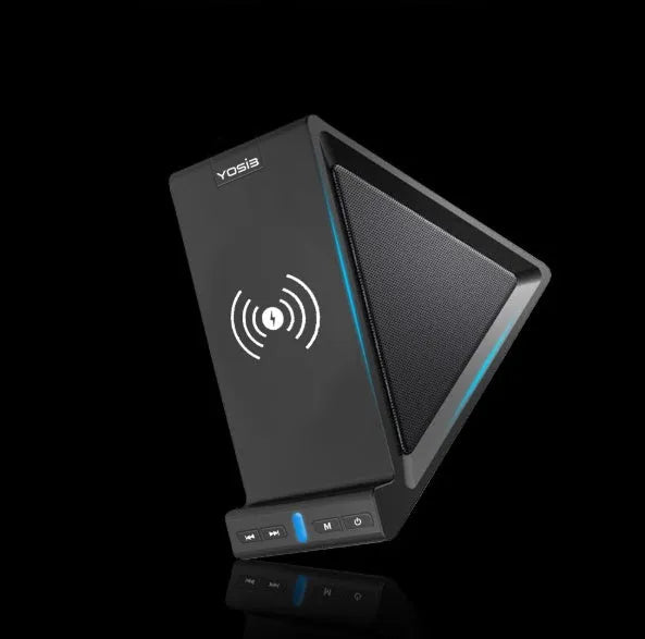 Black multifunctional Bluetooth speaker with integrated wireless charging power bank and mobile phone stand.