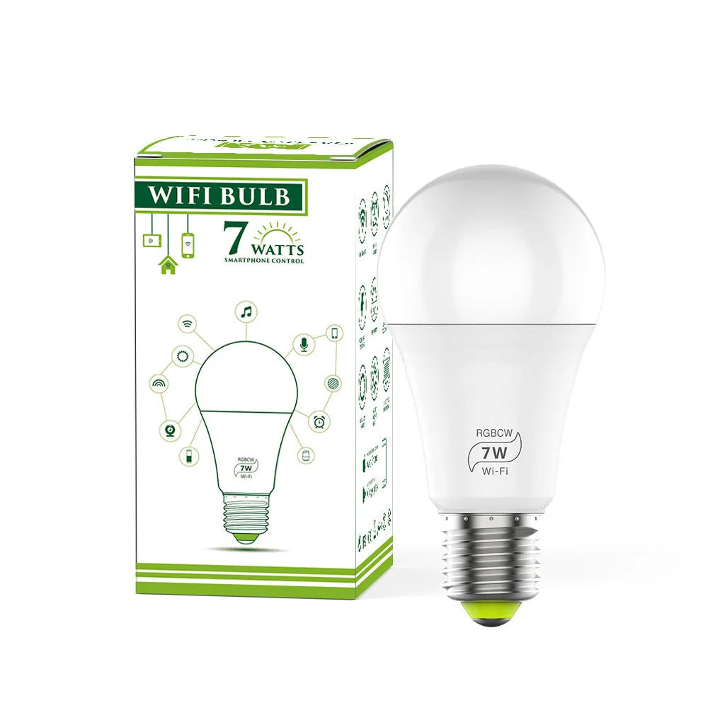 A white smart WiFi LED light bulb with a standard E27 screw base, shown with colourful light effects.