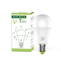 A white smart WiFi LED light bulb with a standard E27 screw base, shown with colourful light effects.