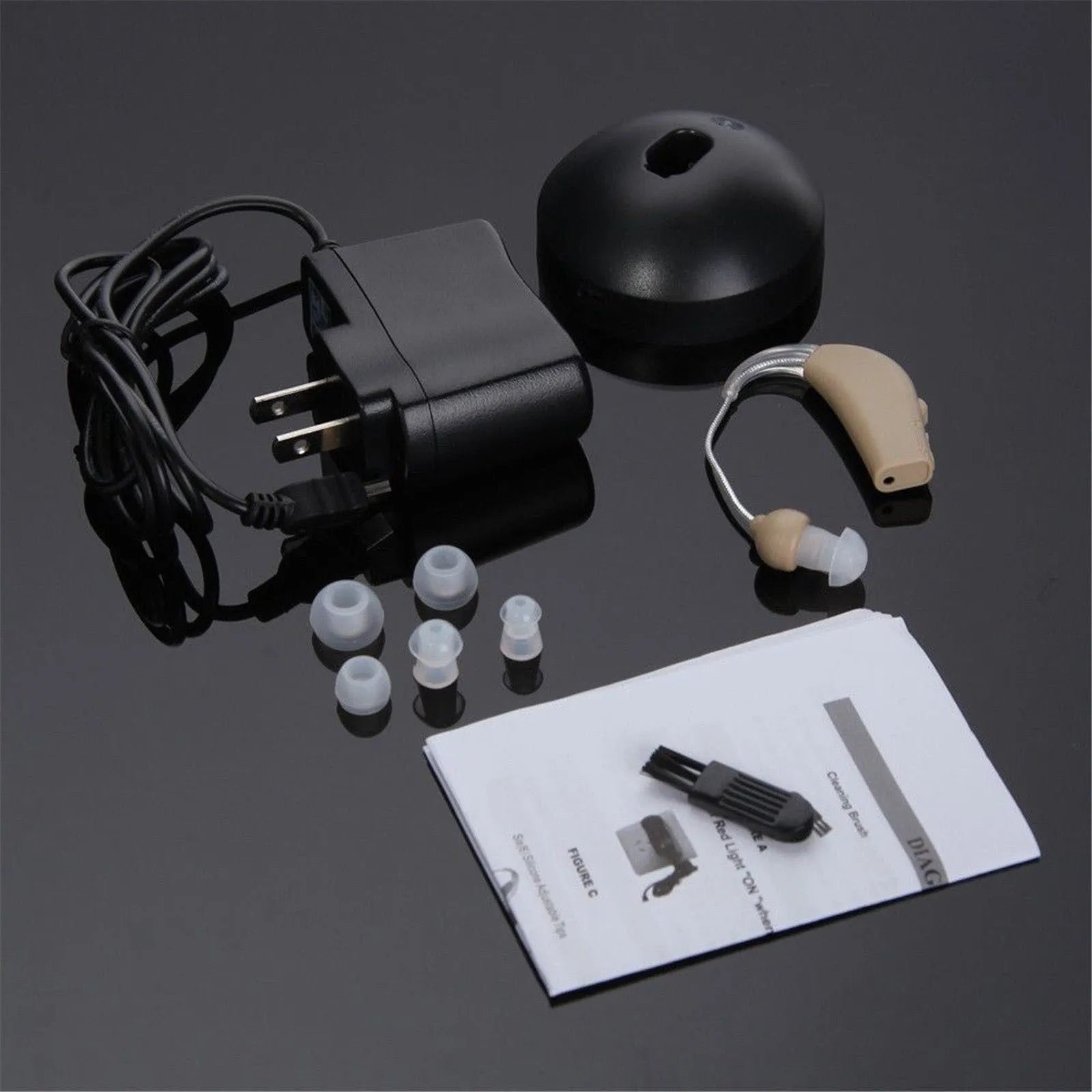 Rechargeable behind-the-ear digital hearing aid amplifier with mini plastic casing and detachable ear plugs.