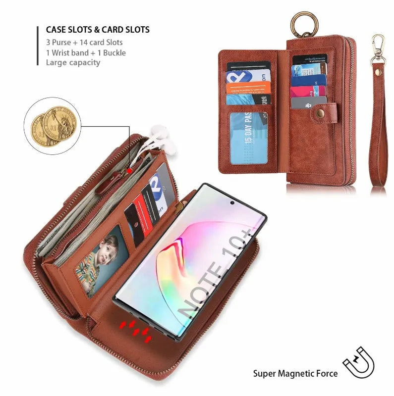 Black PU mobile phone wallet case with a zip closure, shown next to a credit card.