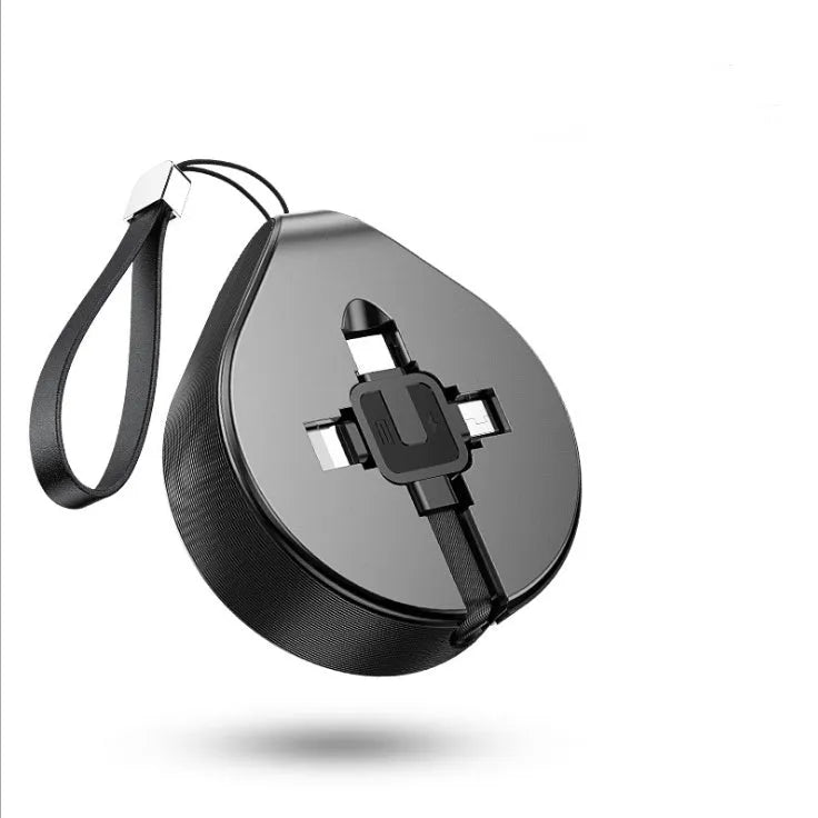 Telescopic three-in-one charging cable extended to 1 metre showing USB-C, Micro USB, and Lightning connectors