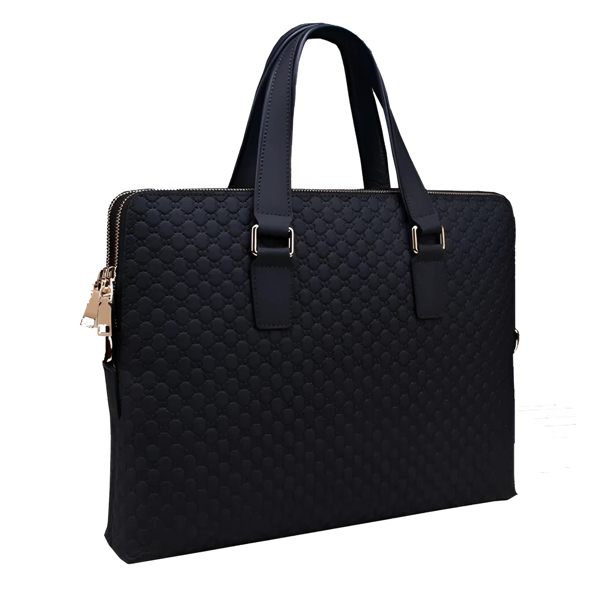 Genuine leather men's business handbag 14 inch computer bag in black horizontal square shape with zipper closure and soft handle