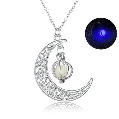 Luminous moon pendant necklace with copper charm, bamboo chain, 45+5cm adjustable length, glow in the dark, four colours