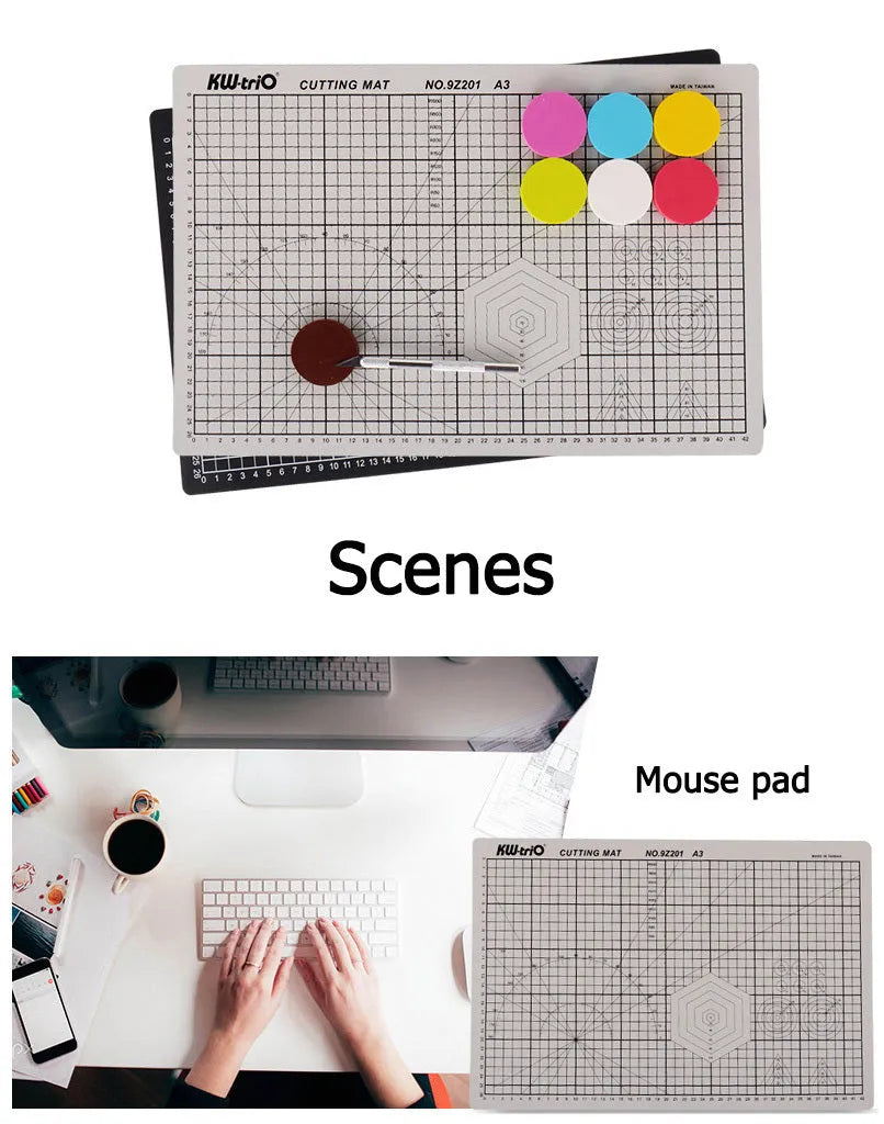 A3 self-healing cutting mat with centimetre grid lines in green, black or grey