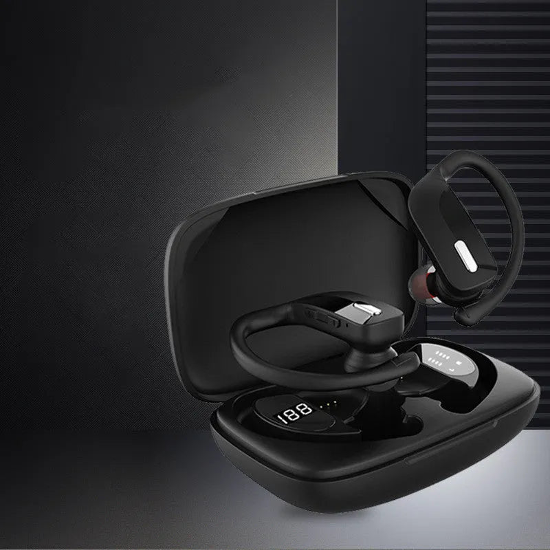 Black wireless Bluetooth headset with hanging ear design and LED display showing battery status