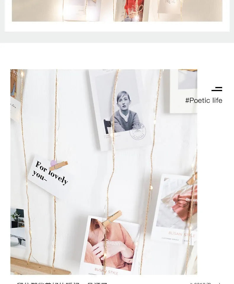 Wooden stick frame wall pendant with hemp rope twine and wooden photo clips in natural materials