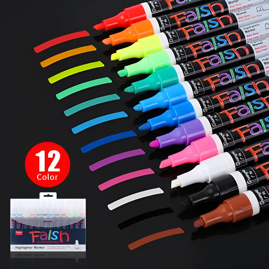 Plastic electronic fluorescent plate highlighter pen with oblique 6mm tip, shown in multi-colour sets for dry-wipe boards.