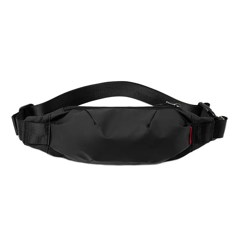 Black Oxford cloth waist pack with a phone pocket and ID pocket, shown with dimensions 12cm high by 27cm wide.