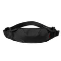 Black Oxford cloth waist pack with a phone pocket and ID pocket, shown with dimensions 12cm high by 27cm wide.