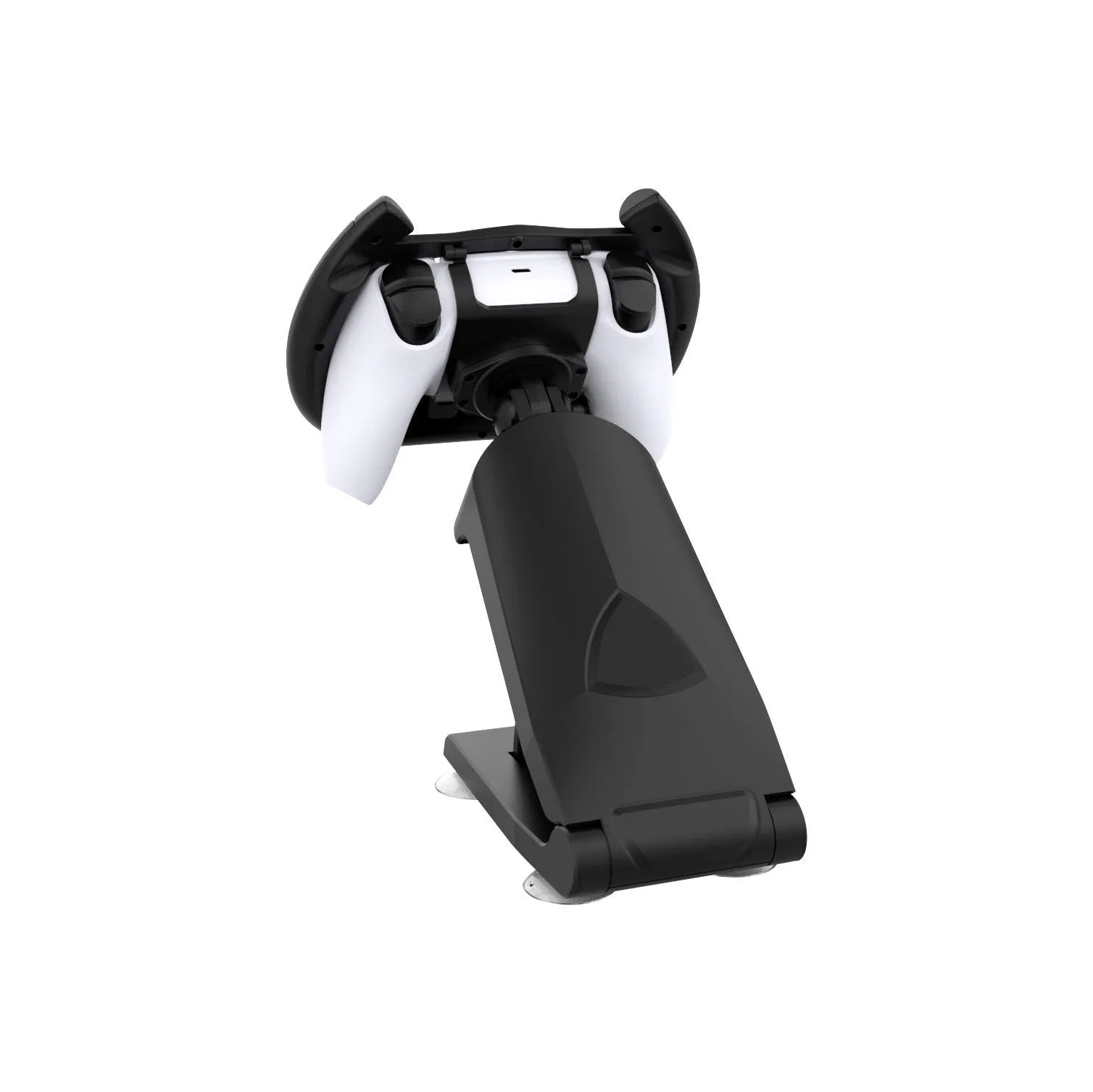 Black universal gamepad steering wheel bracket with suction cup for mobile phones, shown in colour box packaging.