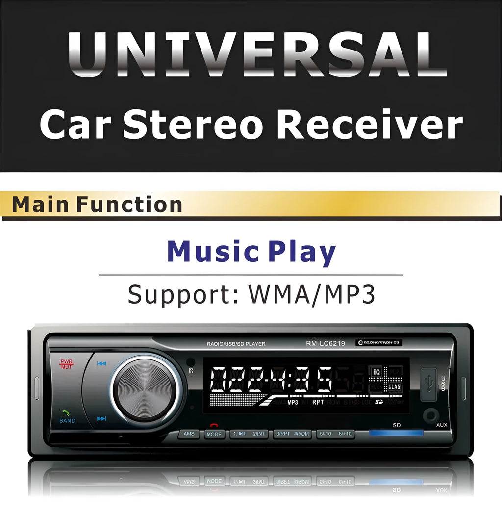 EZONETRONICS car stereo receiver with Bluetooth, USB port, SD slot, and aux input on front panel