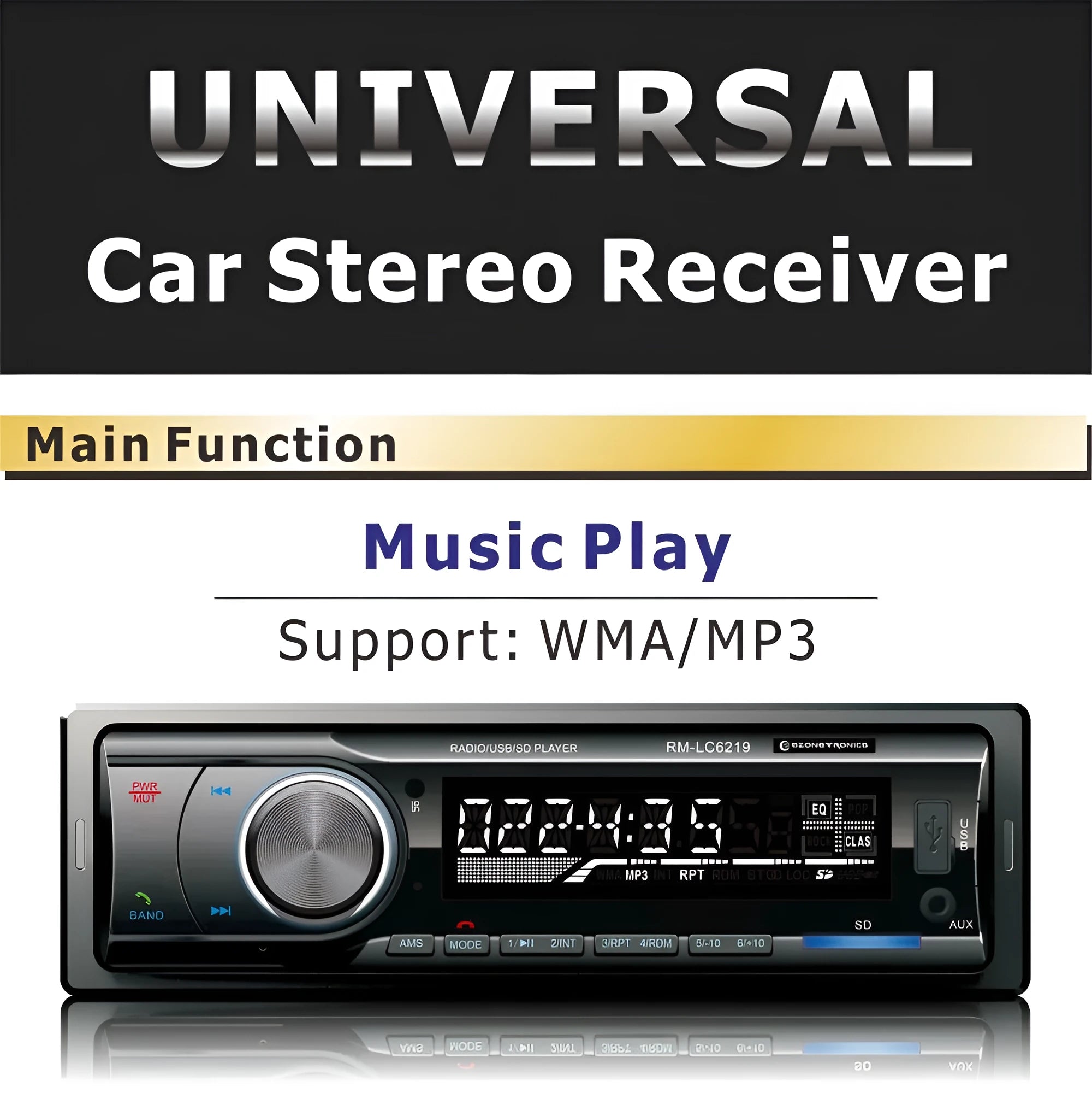 EZONETRONICS car stereo receiver with Bluetooth, USB port, SD slot, and aux input on front panel