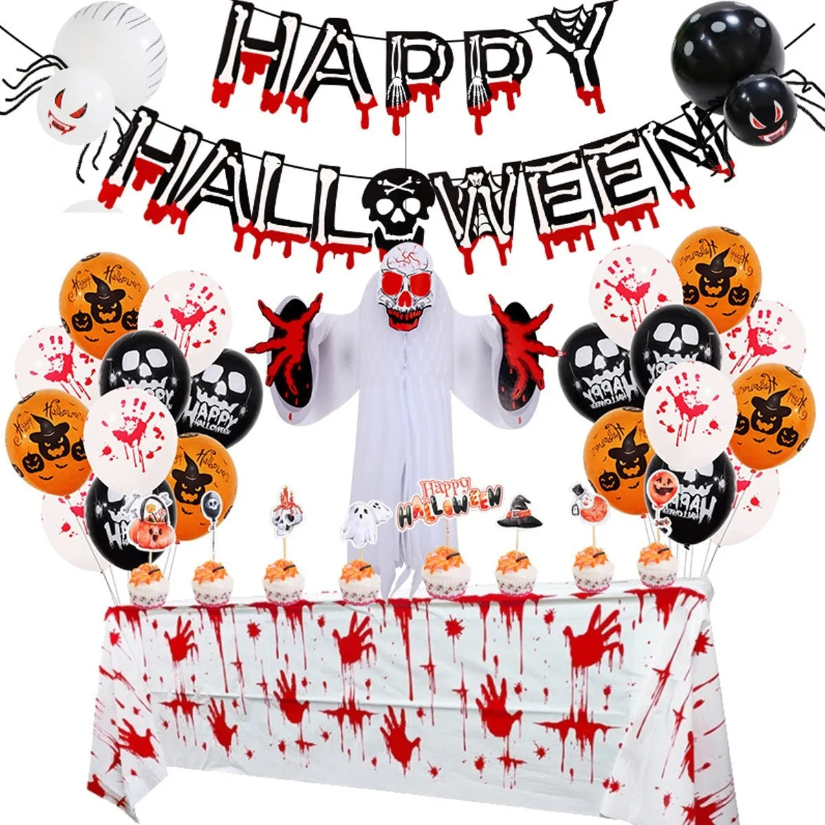 Halloween spider balloon arch decoration set with white and black skull and pumpkin balloons
