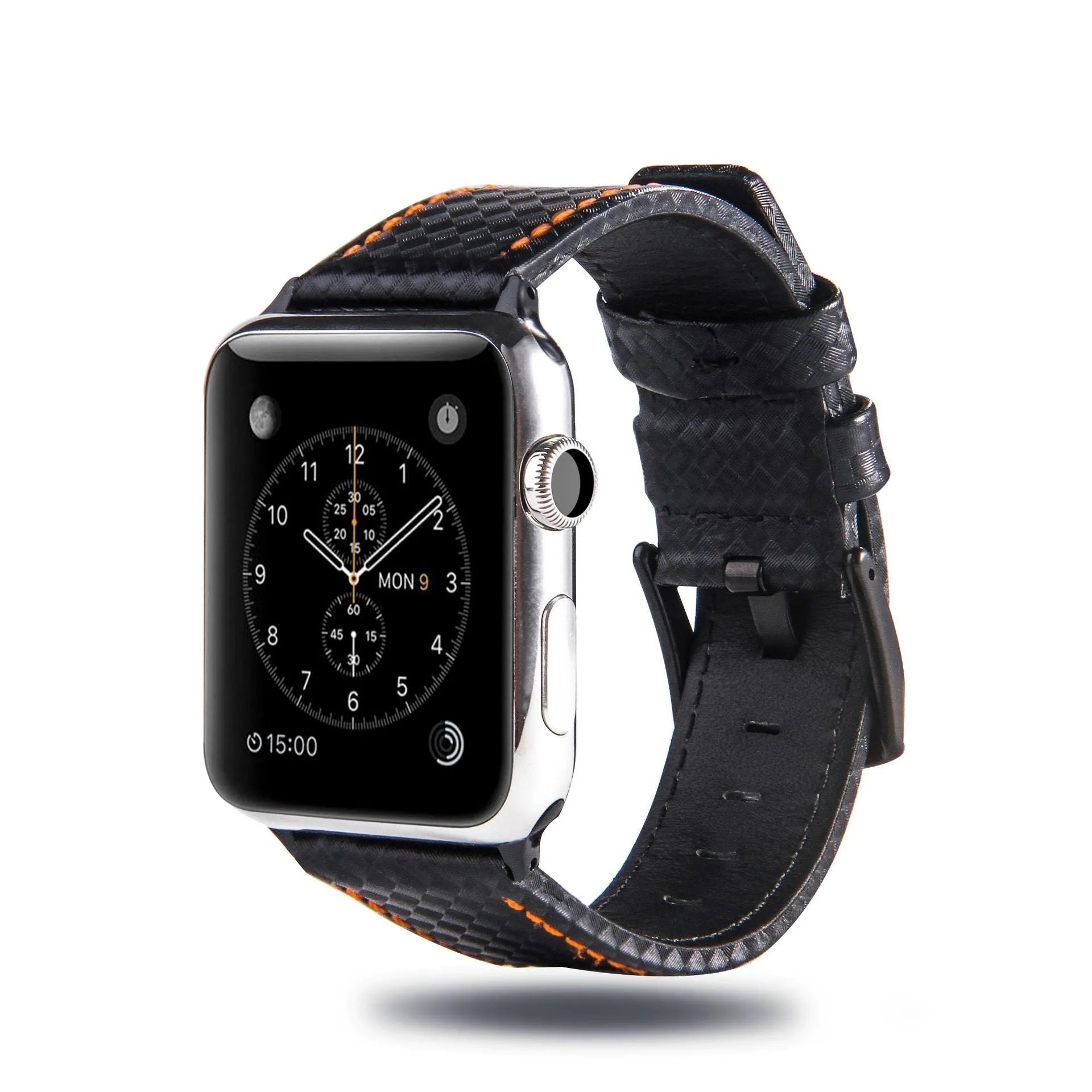 Apple Watch case with leather strap and carbon fibre elements in four colour options