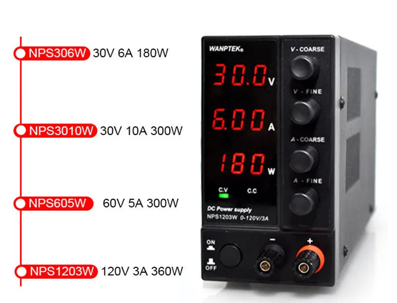 White adjustable DC bench power supply unit with displays and controls for voltage and current.
