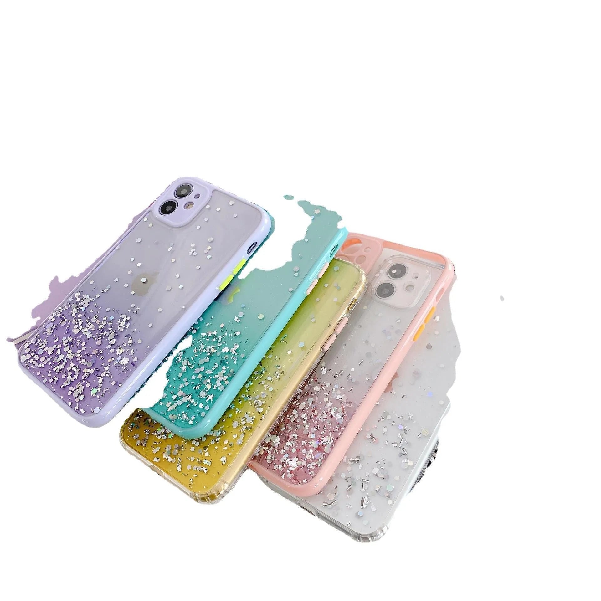 Silicone phone case with gradient epoxy glitter and frosted marble IMD finish for iPhone models