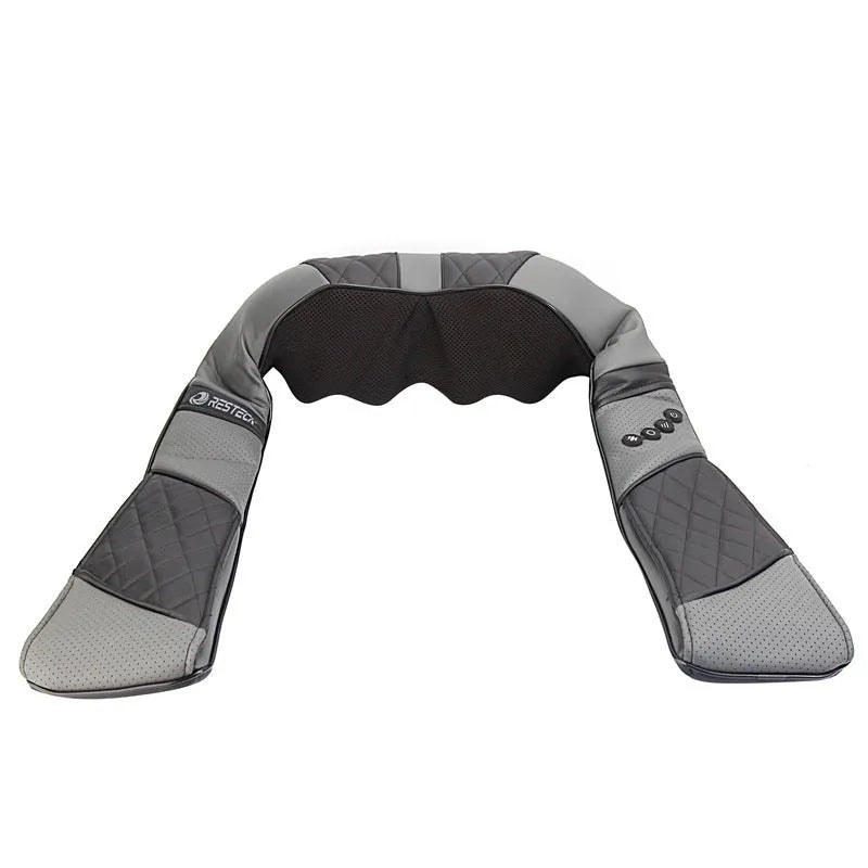 Grey electric massage shawl draped over shoulders for neck and back pain relief, with power cord attached