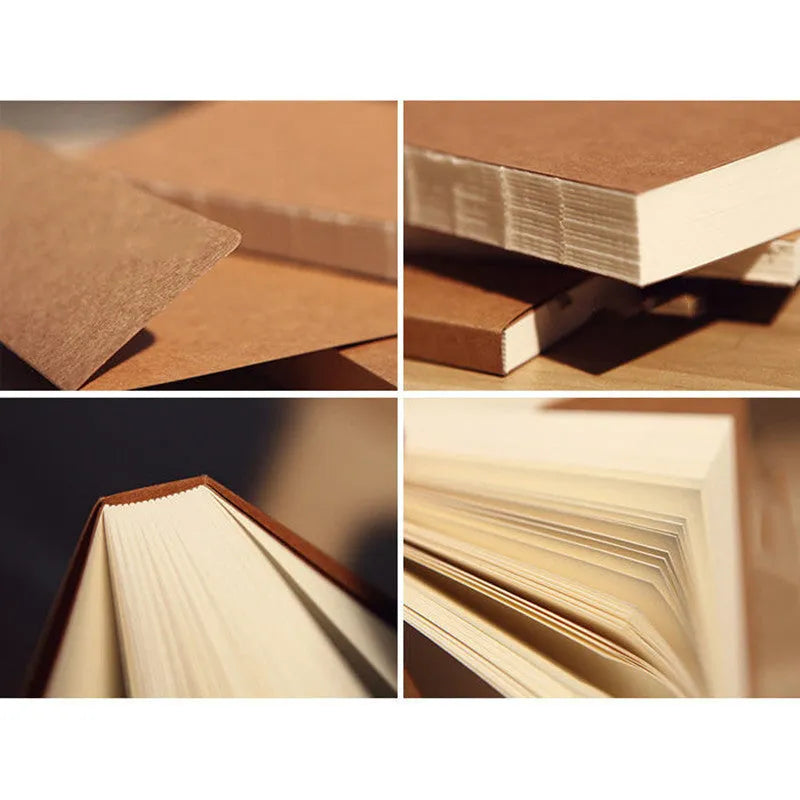 Brown and white covered kraft paper sketchbooks in 16K and 32K sizes showing binding and page detail.