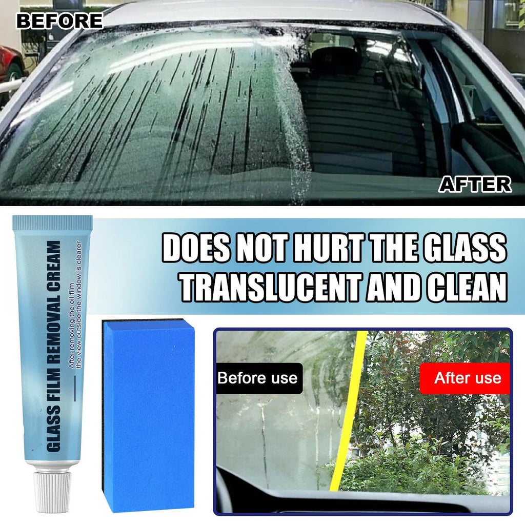 Blue car glass oil film remover bottle and soft sponge applicator for cleaning windscreens