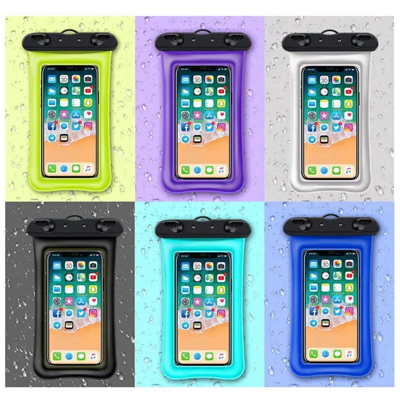 A coloured waterproof phone pouch with a neck rope, shown on a blue background.