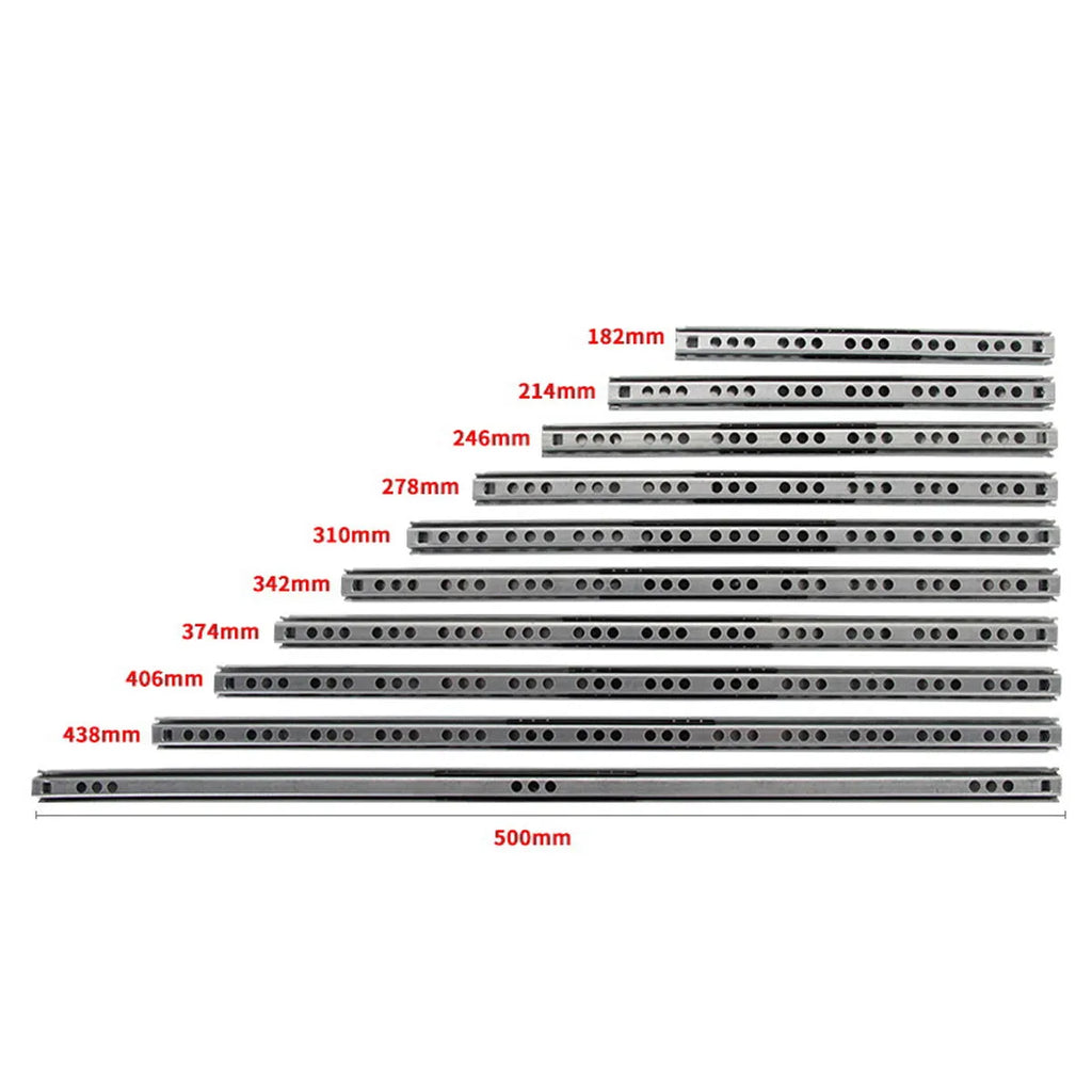 Two-section ultra-narrow 17mm steel drawer slide rail with ball bearings for heavy-duty use.