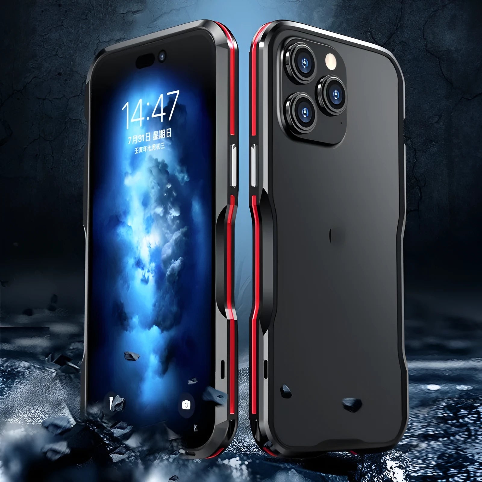 Metal bezel-proof screw-fixed phone case for Apple iPhone 14 series, black colour, showing metal edge cutting and secure fit