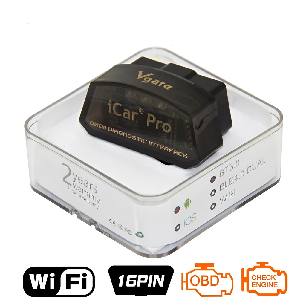 Vgate iCar Pro WiFi OBD2 adapter in black, plugged into car OBD2 port for diagnostics