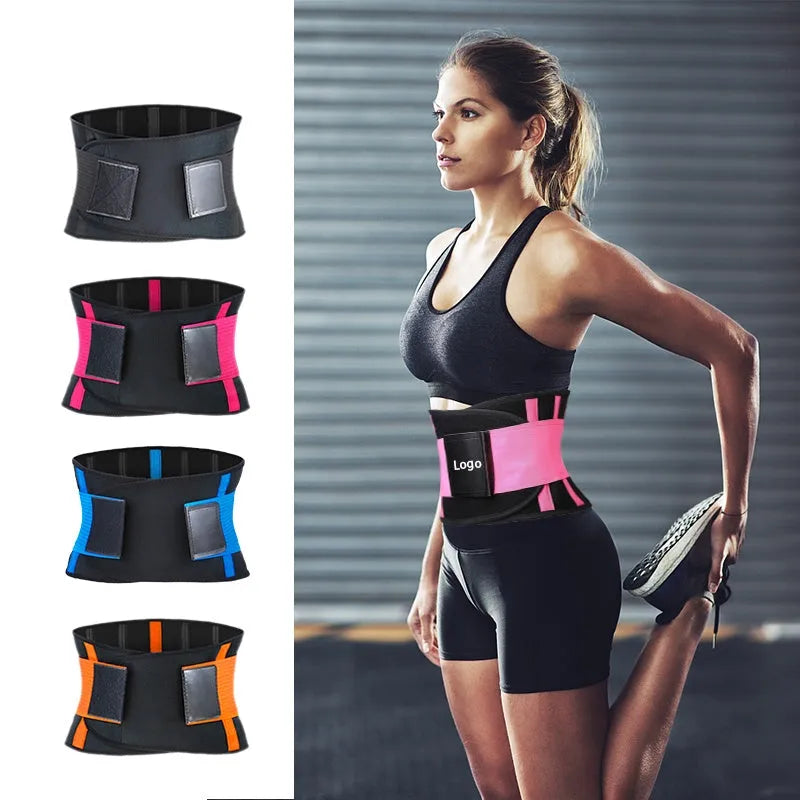 Neoprene sports waist belt with silicone anti-skid and adjustable hook and loop fastening, in Black, Blue, Deep pink, Orange, or Pink.