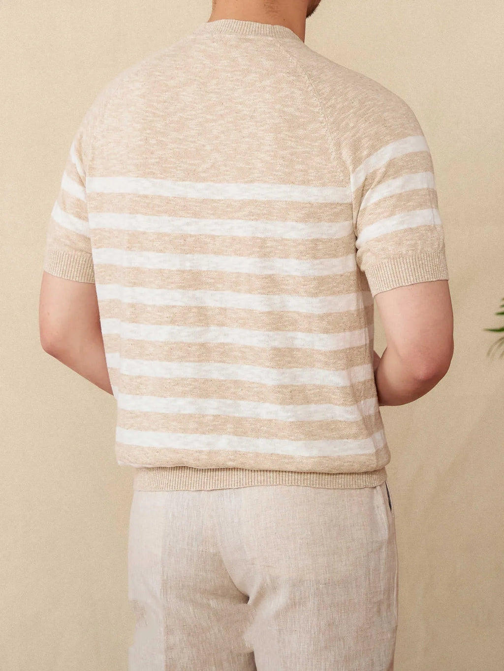 Linen cotton blend stripe t-shirt in navy blue colour with short sleeves and round neck