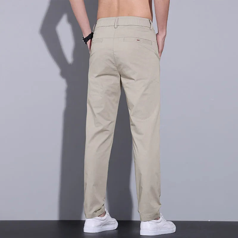 Men's straight-leg cotton trousers with slim fit and micro-elastic waistband in light khaki colour
