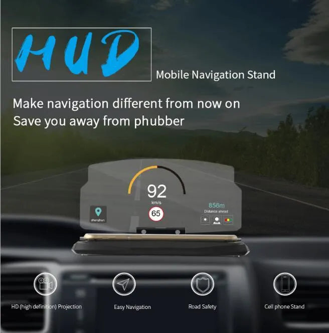 Black car HUD navigation bracket with reflective film and 3M adhesive feet on a dashboard