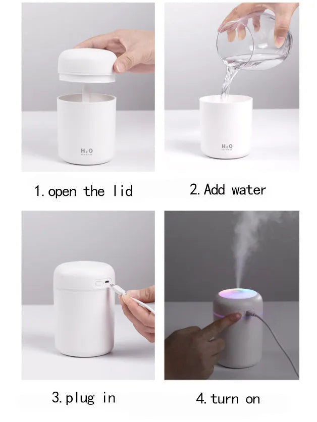 Mini ultrasonic essential oil diffuser with 300ml water tank in white, showing coloured night lights and USB cable