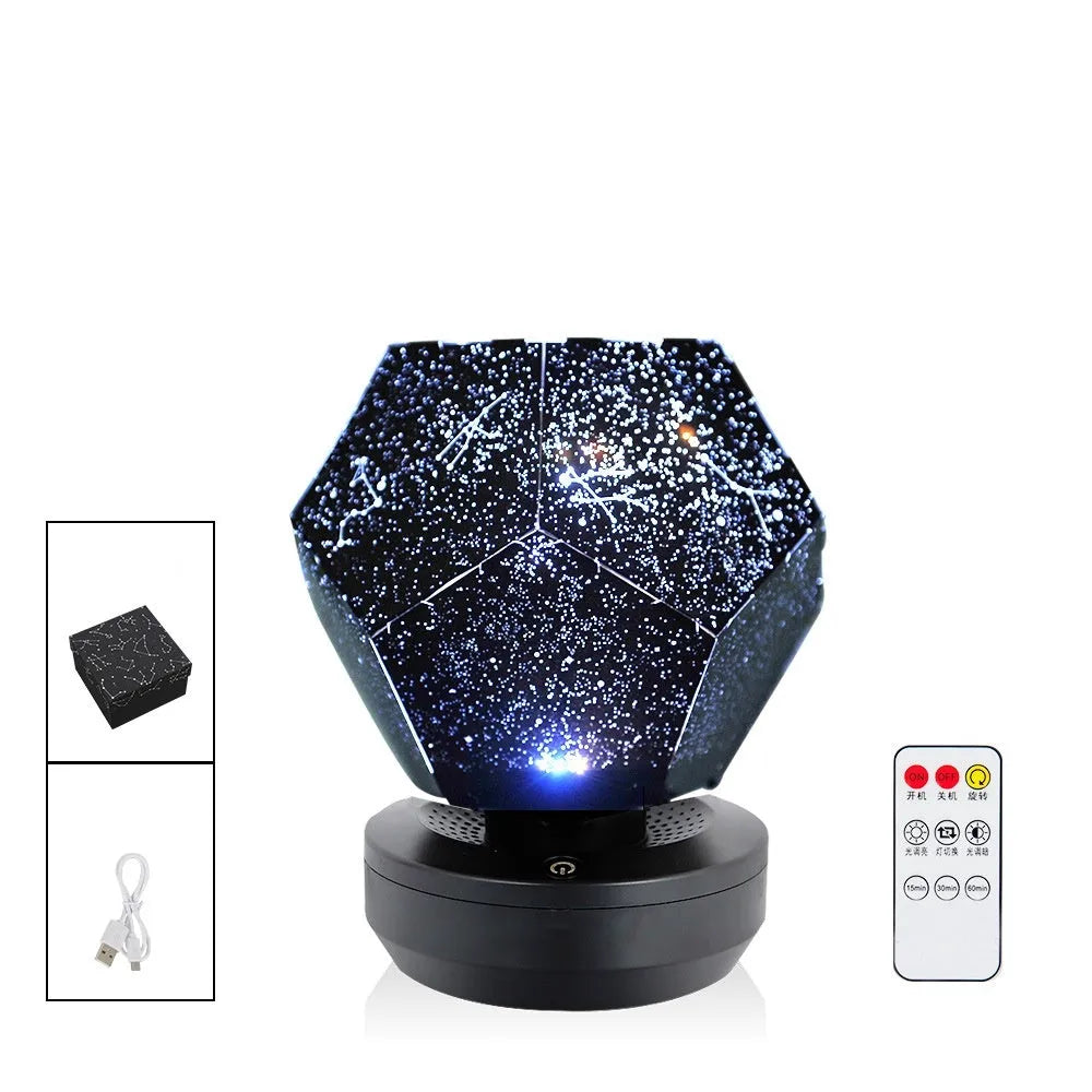 LED star projector night lamp showing constellation projection on bedroom ceiling with remote control