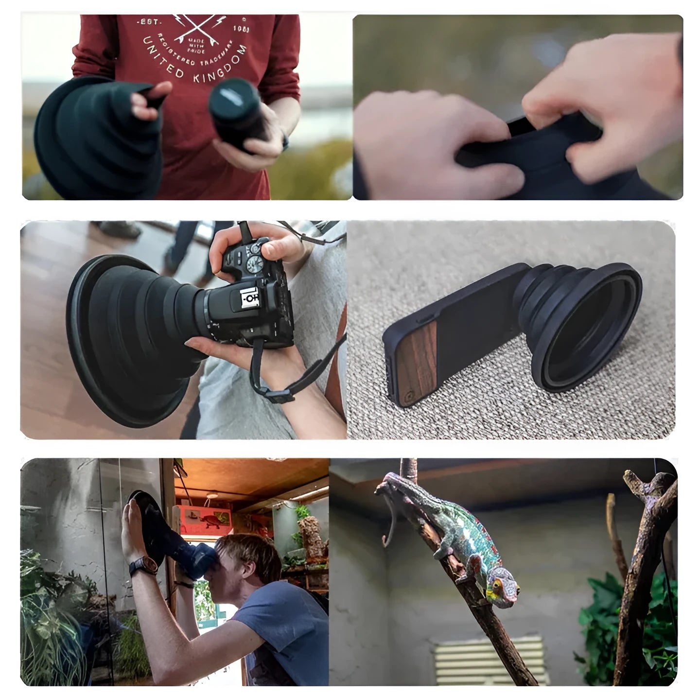 Black silicone conical lens hood for DSLR camera with large and small size options.