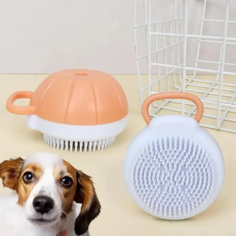 Orange silicone dog bath brush with shampoo dispenser and massage bristles for pet grooming