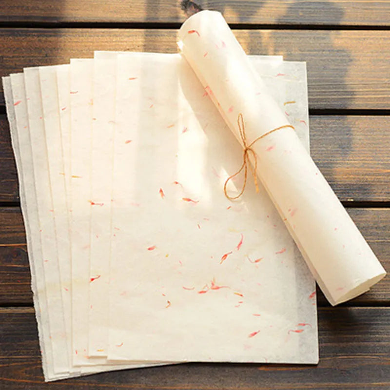 Ten sheets of ancient Chinese style painting paper for calligraphy in Green Leaf, Green Silk, Safflower, and Yellow Flower colours.