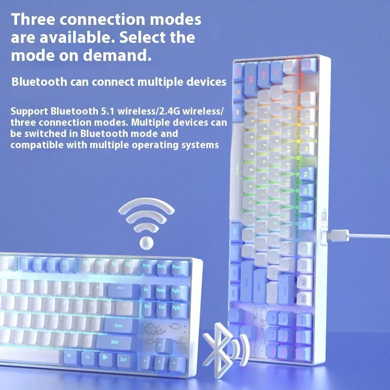 Wireless Bluetooth mechanical keyboard with metal frame in blue white or white purple colour options
