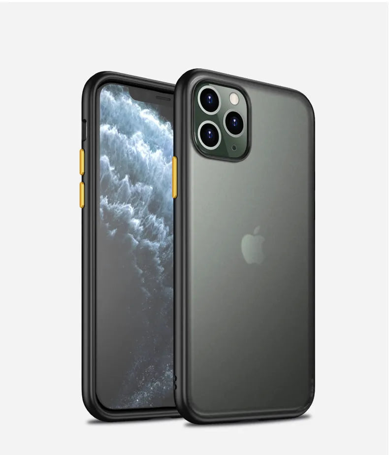 Frosted protective case for iPhone 11 in black, showing hidden corner airbags and scratch-resistant PC back.