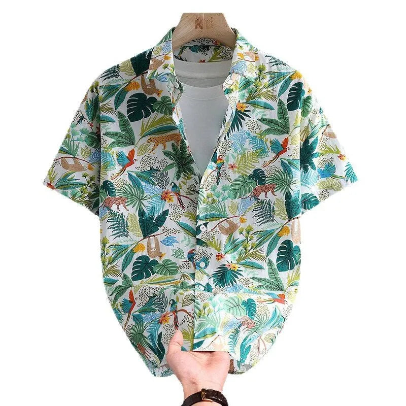 Men's short sleeve cotton shirt with colourful Hawaiian floral print, cardigan style, on a hanger.