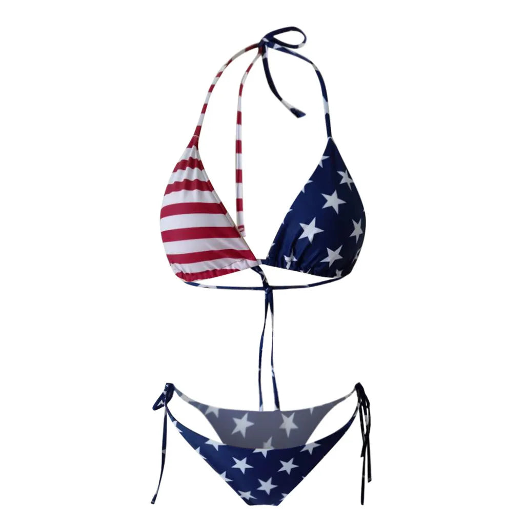 Printed bikini split swimsuit in National flag pattern, polyester fabric, sizes S M L, with built-in chest pad